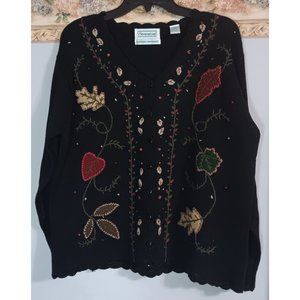 Shenanigans Medium Black Fall Leaves Button Down Knit Cottage Country Cardigan